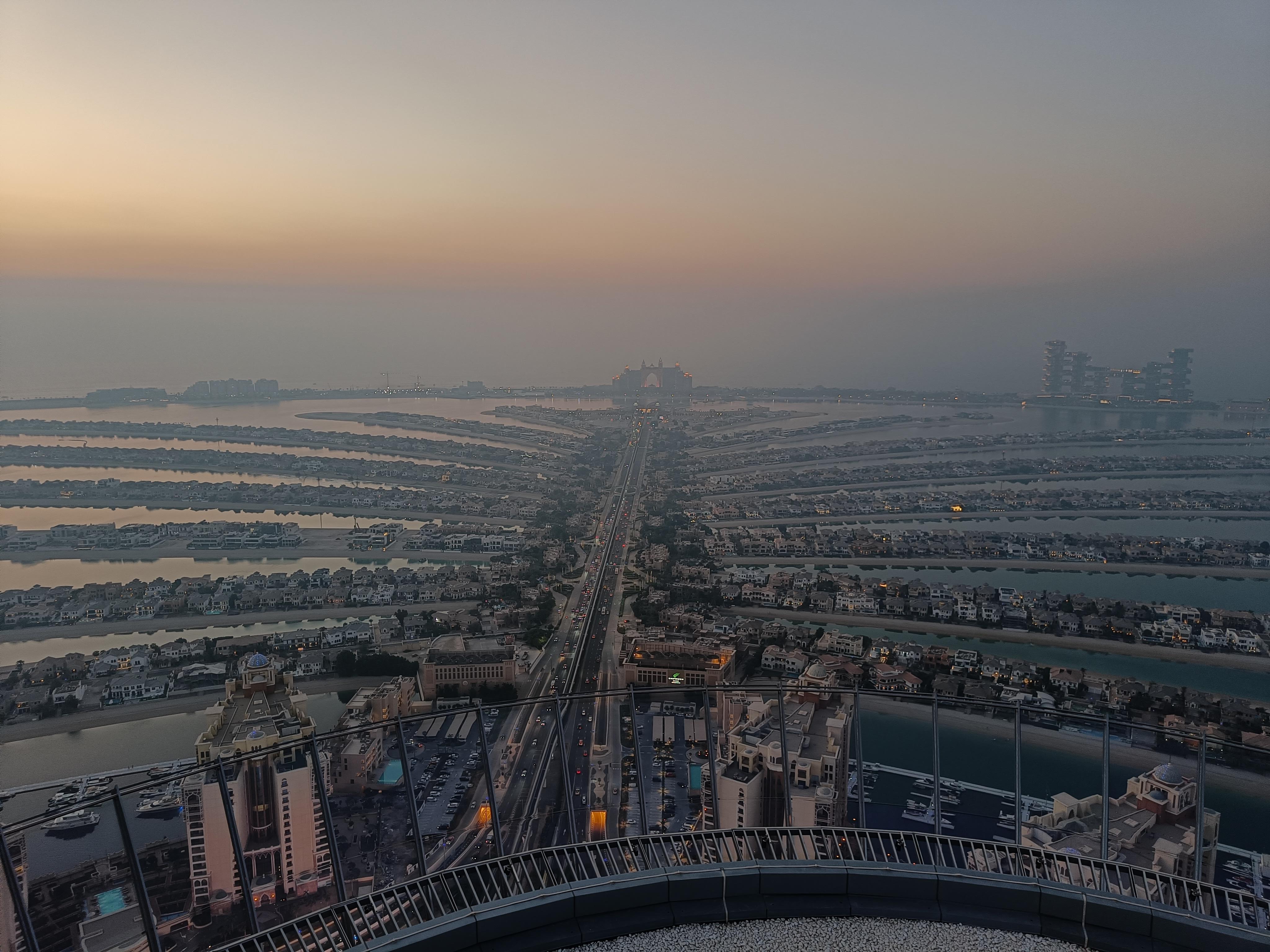 View at the Palm observation deck on 52nd floor - spectacular sunset views of Palm Jumeirah in Dubai